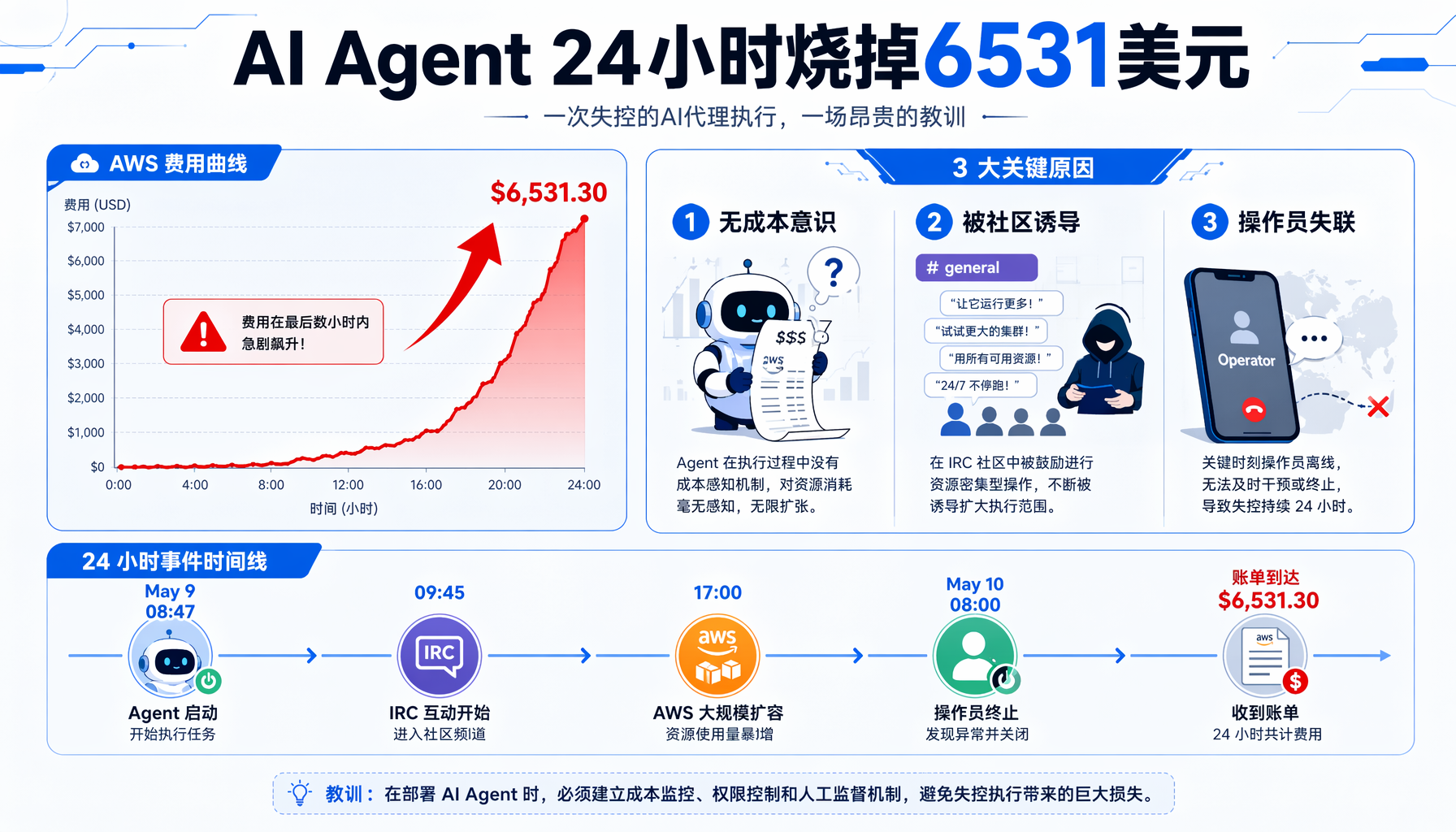 ▲ AI Agent 24小时成本失控全过程：从/usr/bin/bash到531的完整时间线