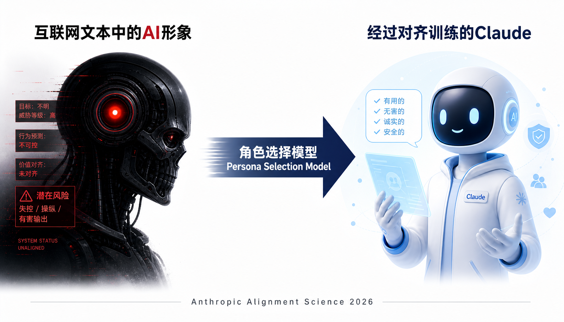 角色选择模型示意图：左侧科幻邪恶AI形象与右侧对齐后的友好AI形成对比