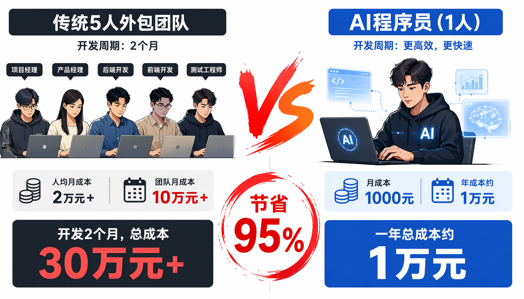 ▲ 成本对比：传统团队30万元 vs AI程序员1万元