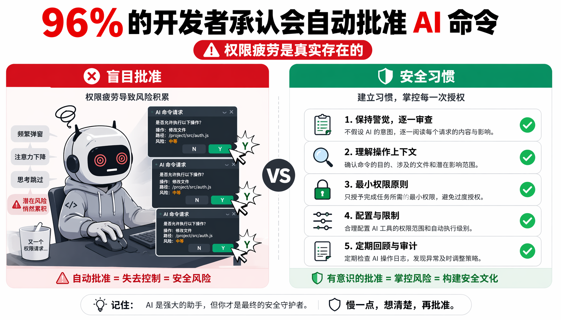 AI Agent权限疲劳信息图：左半部分展示开发者盲目批准命令，右半部分展示安全习惯清单