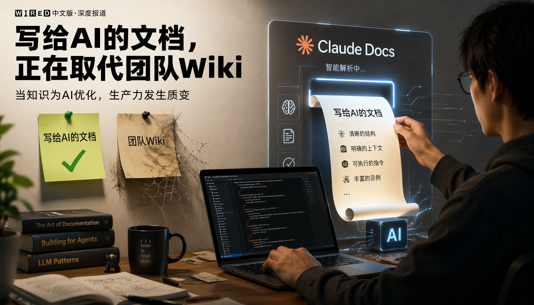 开发者坐在桌前，一边写代码一边将文档喂给AI助手，墙上便签显示写给AI的文档已勾选完成而团队Wiki落满灰尘