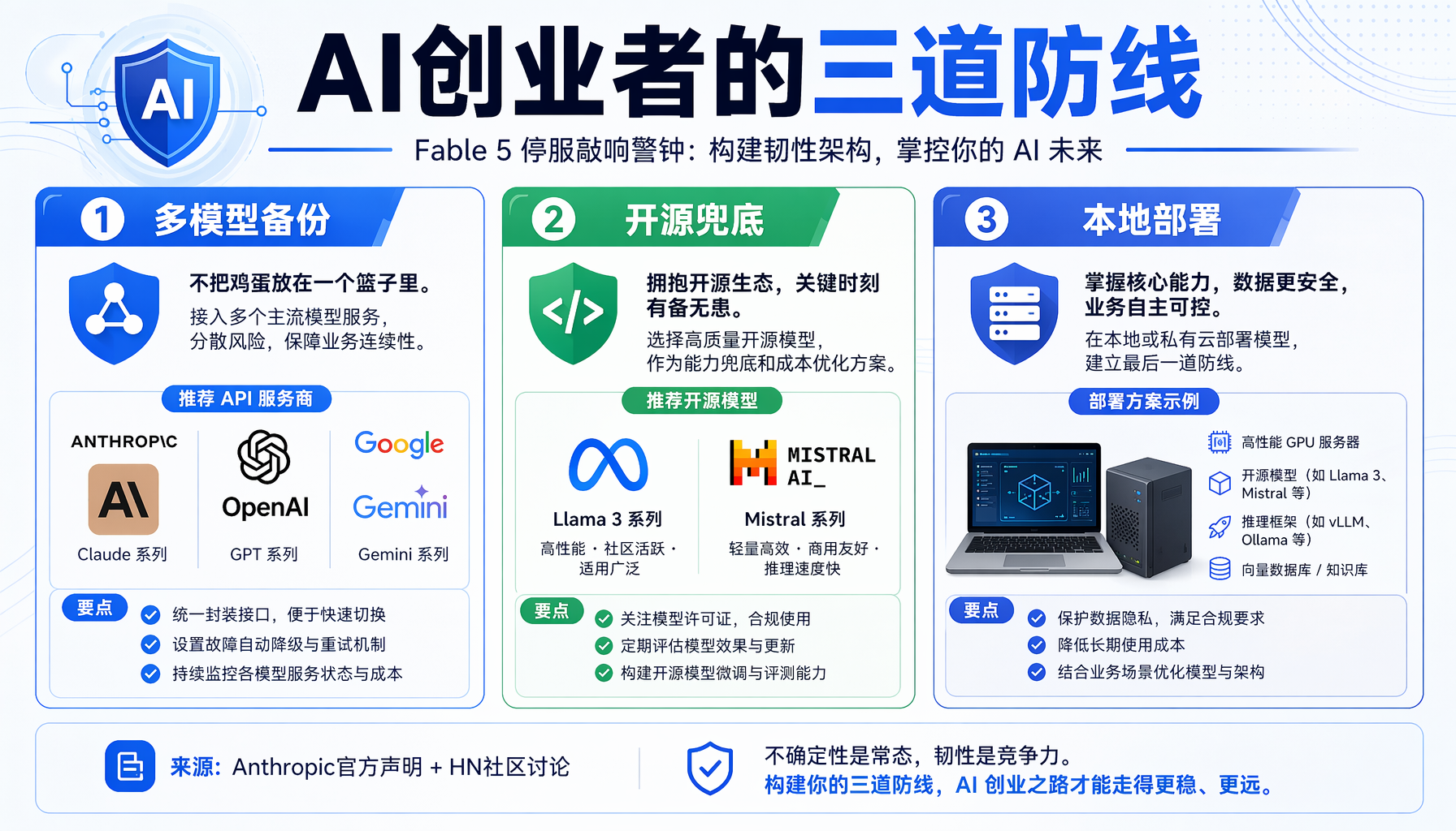 ▲ AI创业者的三道防线：多模型备份、开源兜底、本地部署——应对闭源模型政策风险