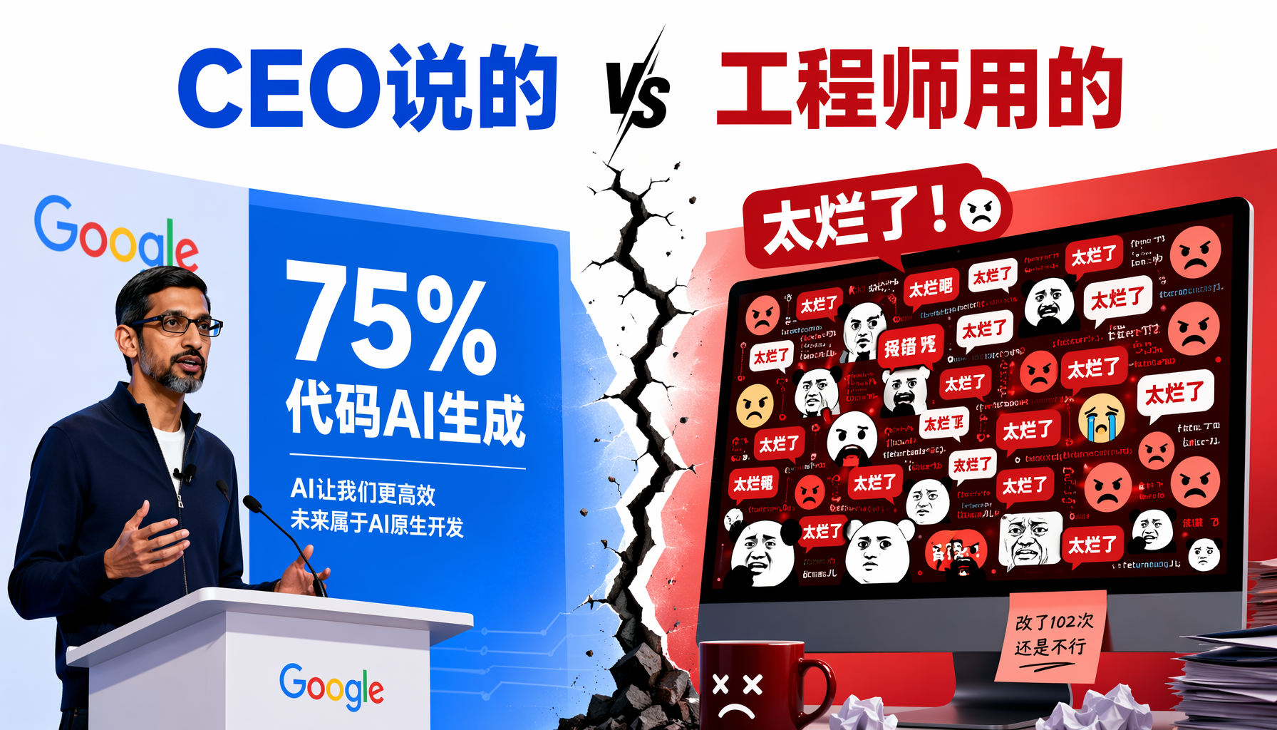 CEO说的75%AI代码 vs 工程师用的表情包吐槽