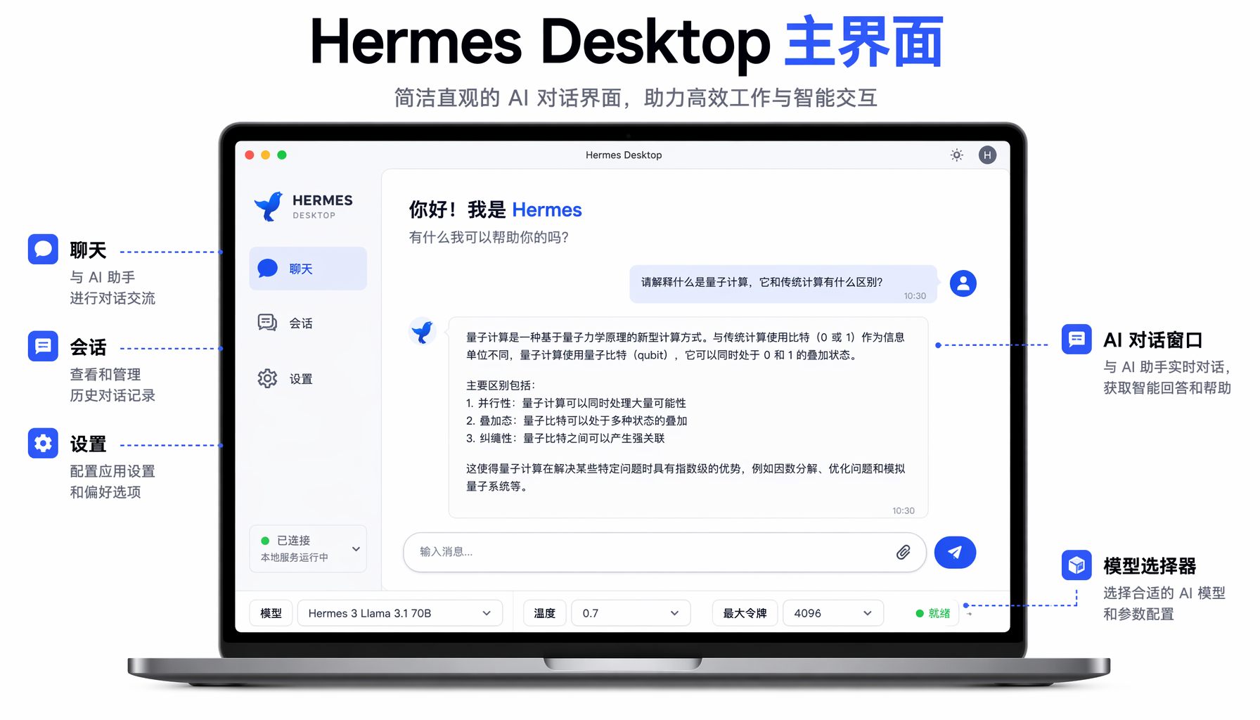 Hermes Desktop 主界面——聊天窗口、侧边栏与模型选择器