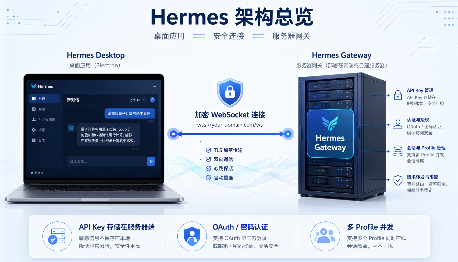 ▲ 图2：远程Gateway架构 — 笔记本跑界面，服务器跑算力，API Key安全隔离