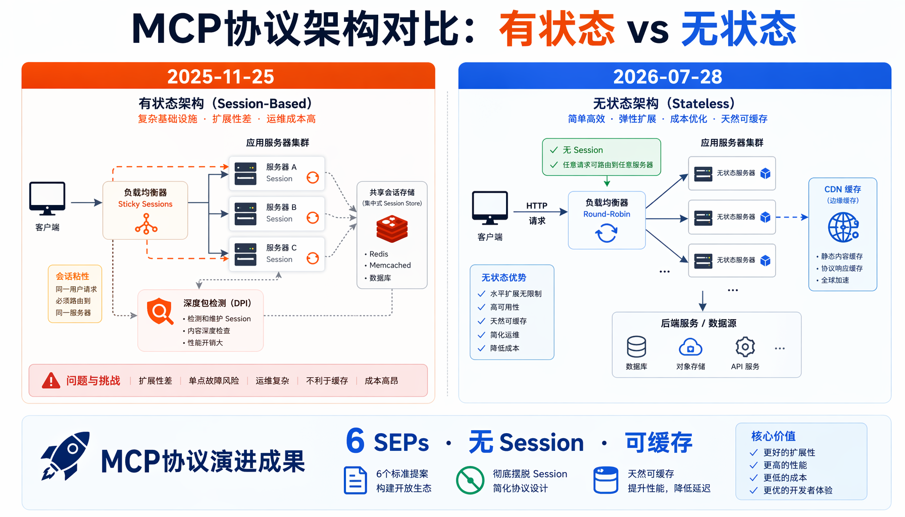 ▲ MCP协议架构对比：2025-11-25的有状态会话架构 vs 2026-07-28的无状态HT