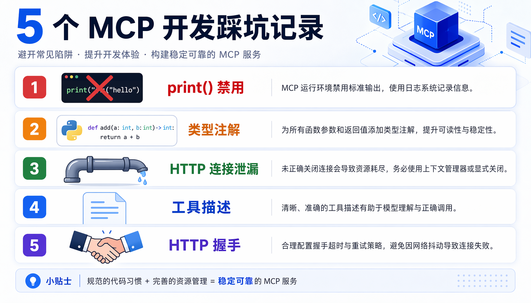 ▲ 5 个 MCP 开发常见踩坑：print 禁用、类型注解、连接泄漏、工具描述、HTTP 握手