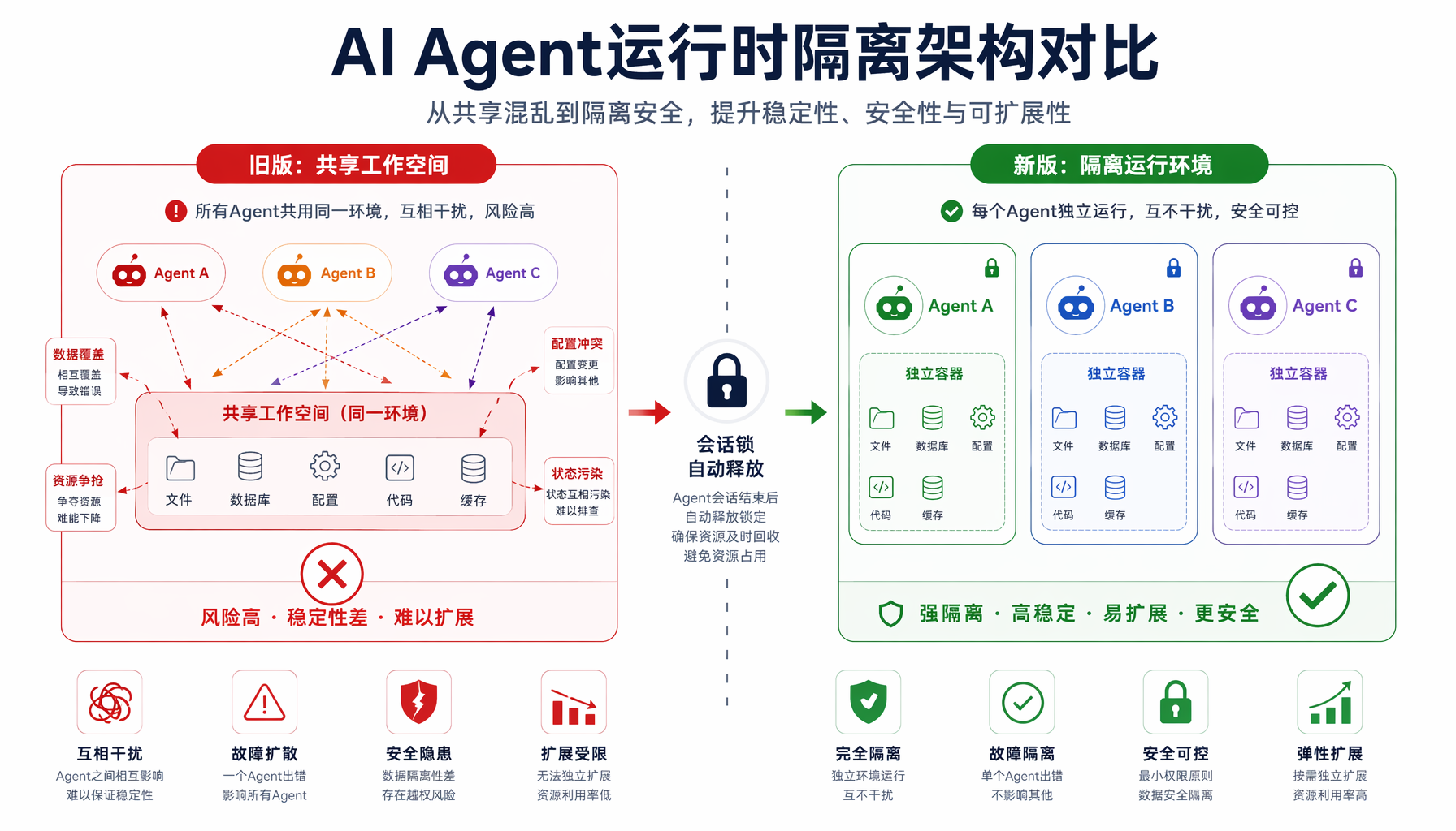 Agent运行时隔离架构对比：旧版共享工作空间（左）vs 新