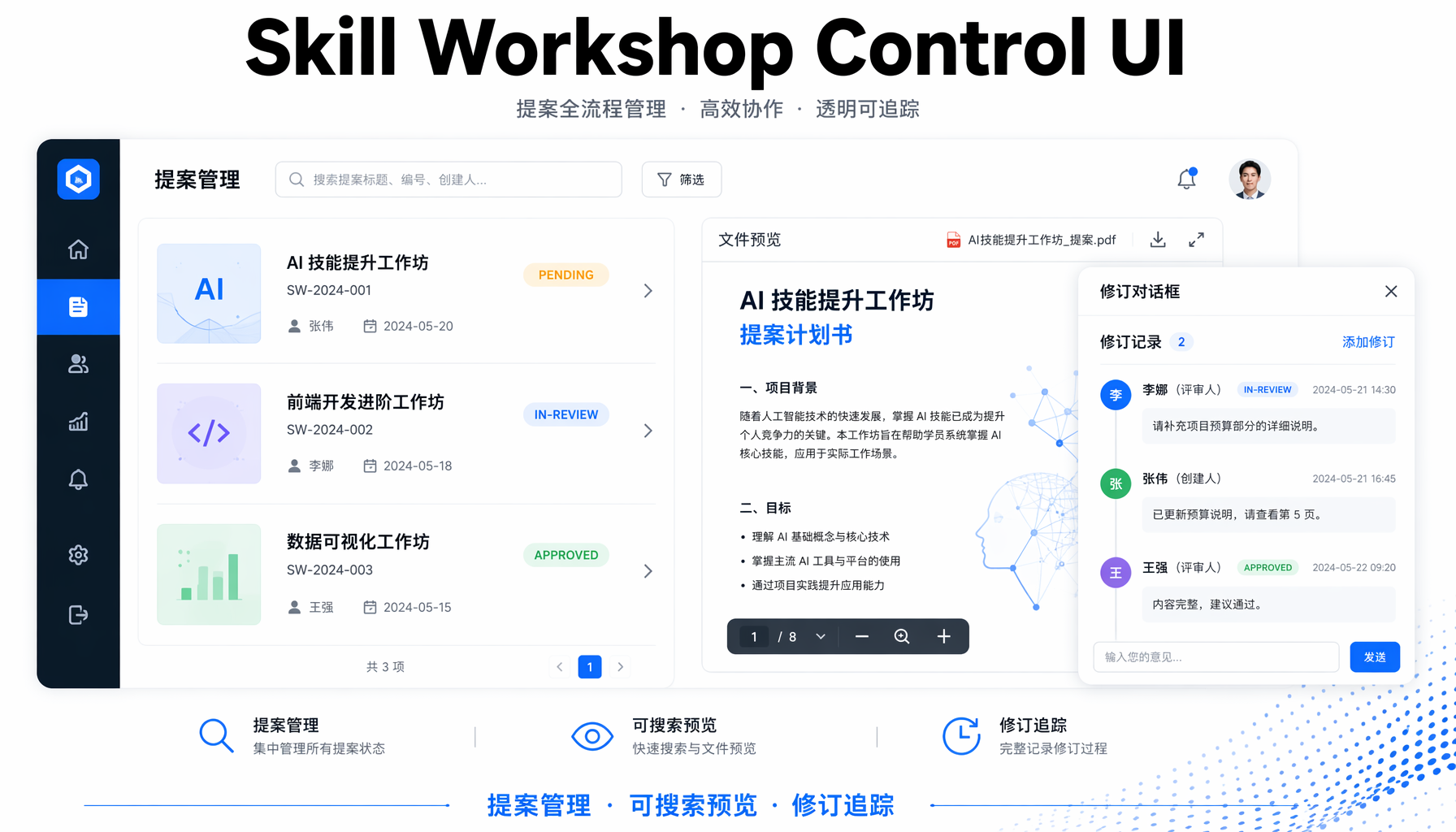 ▲ 图2：Control UI 仪表盘 — 提案列表、可搜索文件预览、修订对话框