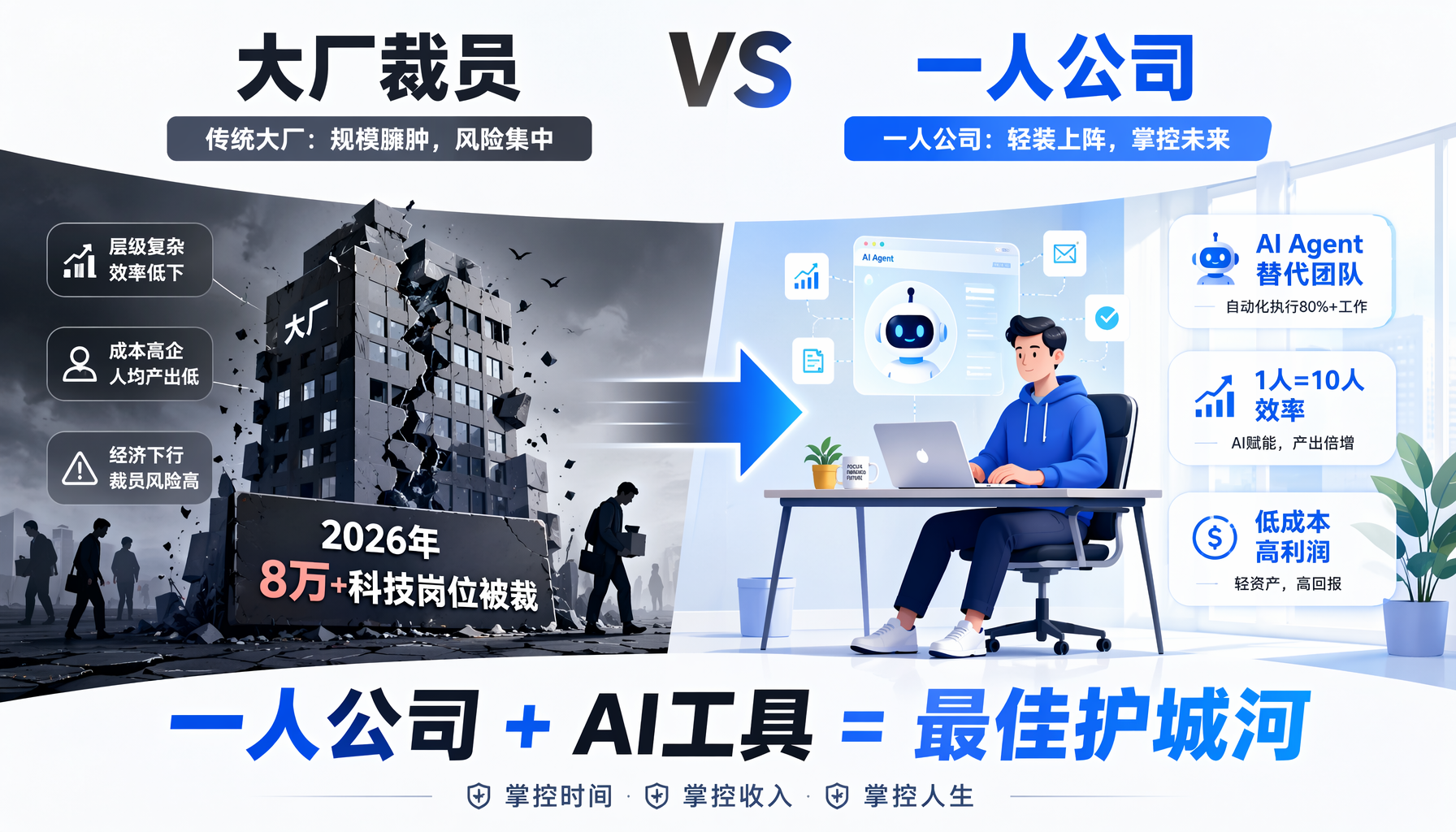 ▲ 大厂裁员潮 vs 一人公司崛起：AI时代的最佳护城河