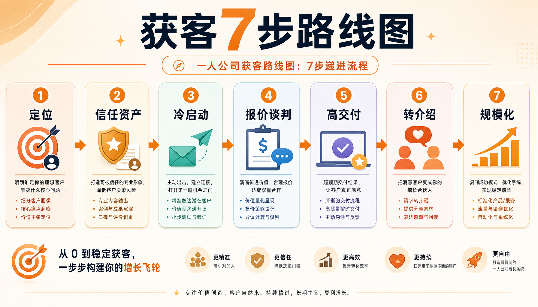 ▲ 一人公司获客7步路线图：从定位到规模化复制的完整路径