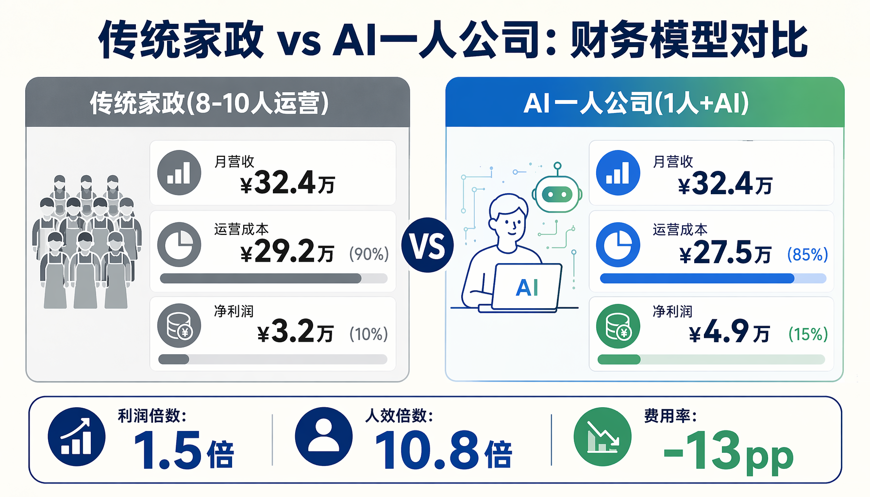 传统家政 vs AI一人公司财务模型对比
