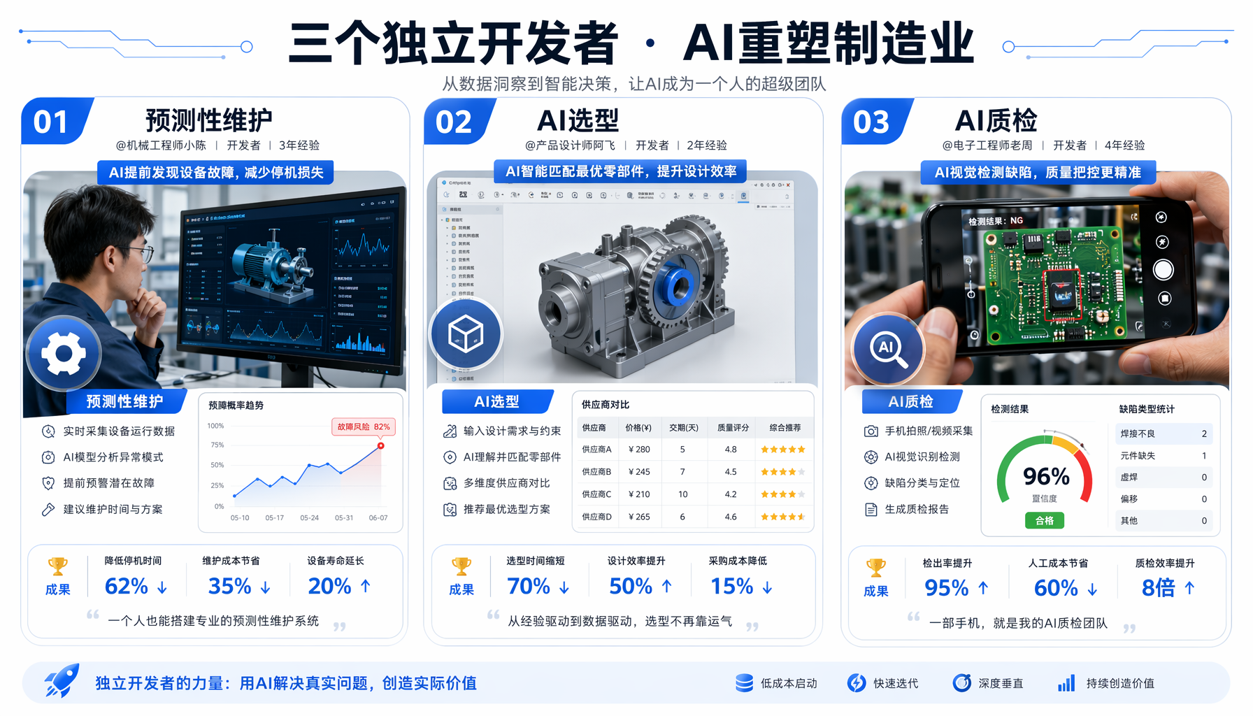 三种模式的AI工具栈月成本对比：硬件模式约280美元，工业服务约50元人民币，设计品牌约100美元